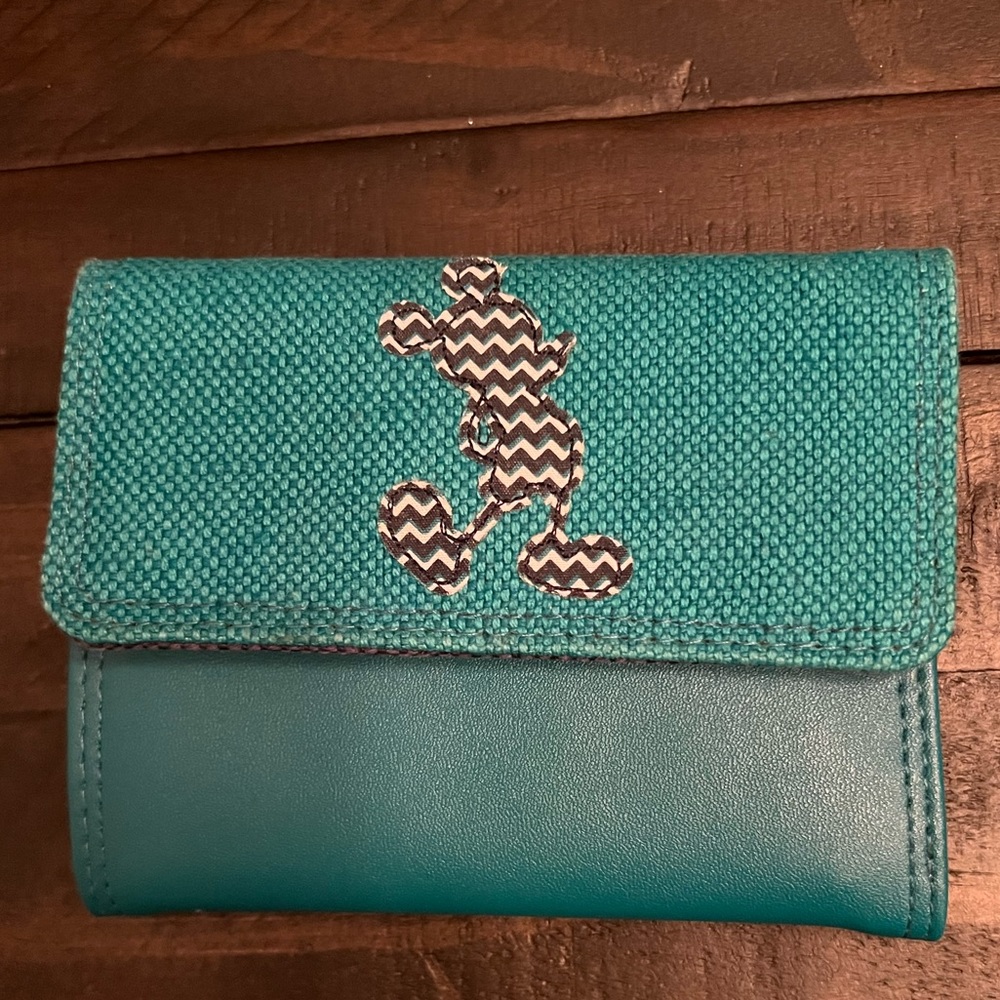 Disney Parks Wallet Mickey Mouse Silhouette Teal Fabric Faux Leather Zip Coin